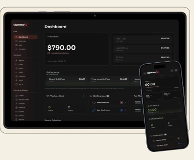 Operator Console dashboard on a tablet with the mobile app beside it