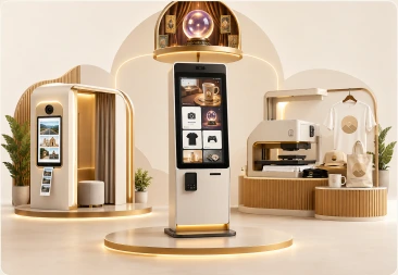Branded kiosk storefront with photobooth, fortune teller and merch-on-demand stations
