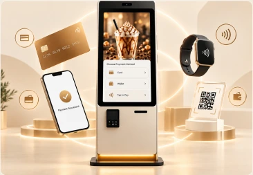 Payment terminal render surrounded by card, wallet and security icons